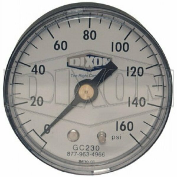 Dixon Standard Dry Gauge, 0 to 160 psi, 1/4 in Connection, 2 in Dial, +/- 3-2-3 % GC230